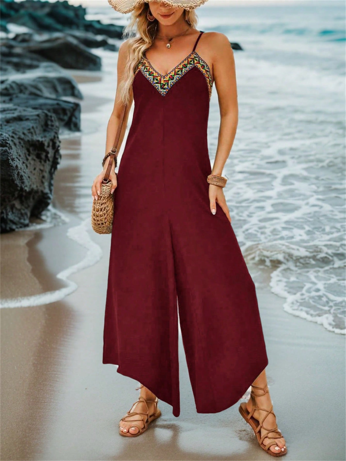 Tuta Con Salopette Geometrica Ricamata Con Spalline Per Le Vacanze