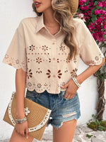 Camicia a maniche corte ricamata con bottoni frontali, semplice e traforata