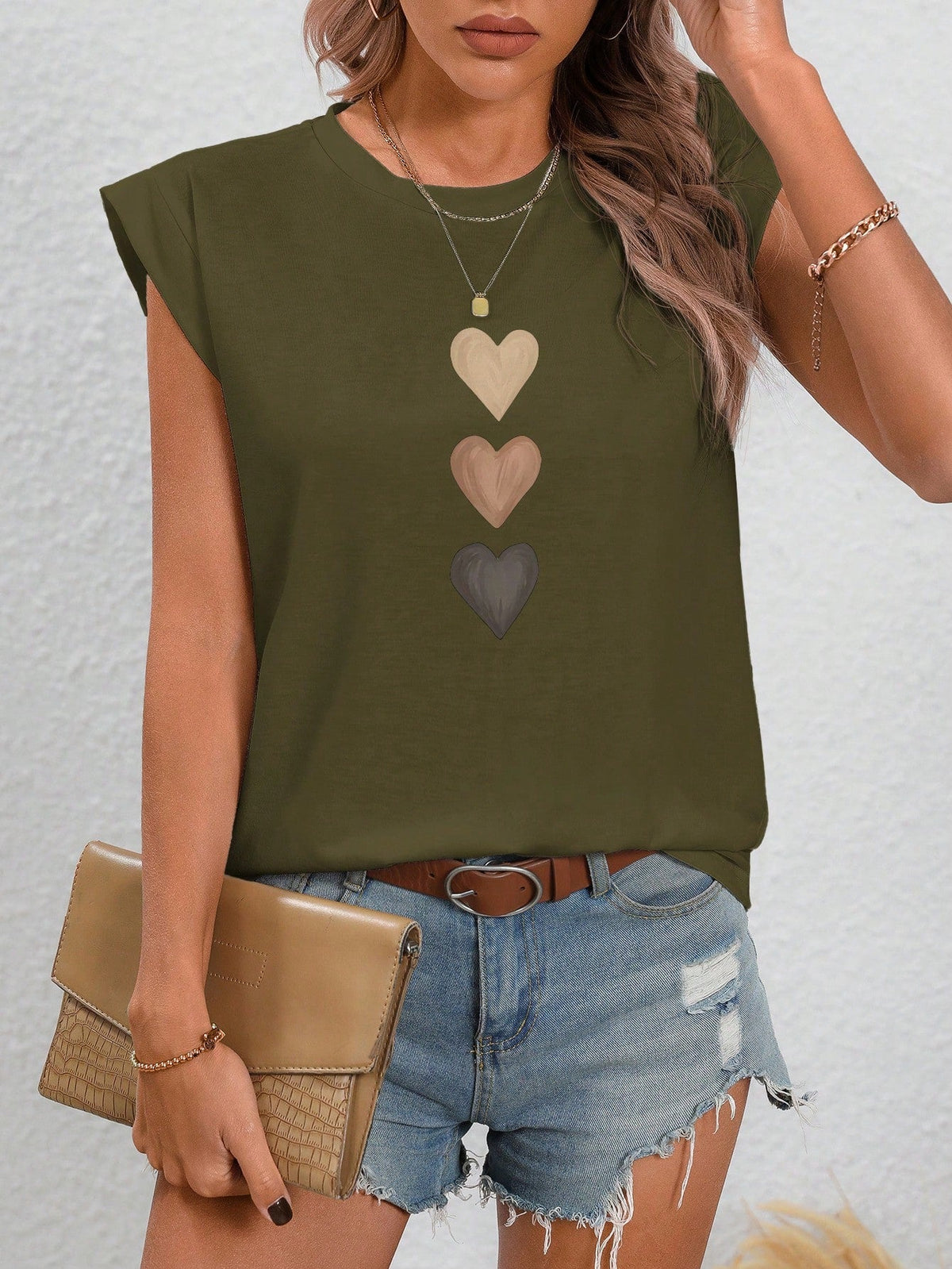 Maglietta estiva casual e semplice con collo a giro e motivo a cuore per donne, Love Love Love