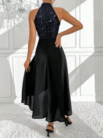 PrivŽ Abito estivo alla moda con glitter, incrocio sul collo e asimmetrico sul fondo