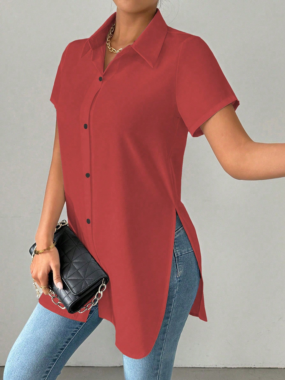 Camicia elegante da donna, a tinta unita, alla moda, con vestibilitˆ ampia e orlo diviso