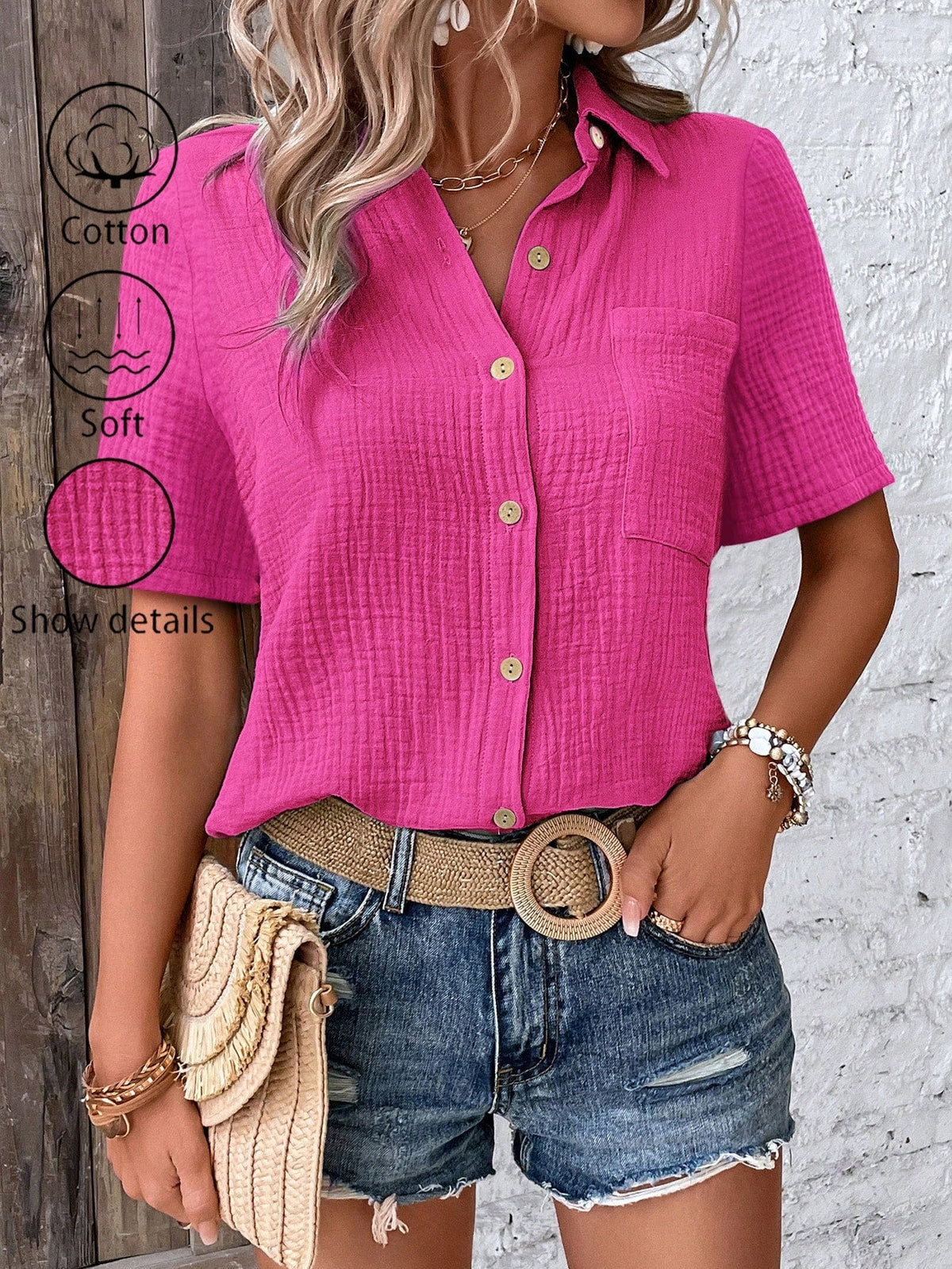 Camicia da donna con bottoni frontali, maniche corte e tessuto a trama per un look casual estivo
