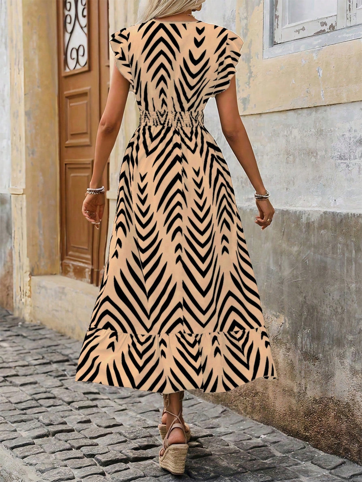 Abito Casual Lungo Con Manica A Cappuccio Con Stampa Geometrica Estiva E Scollo A V Per Donne