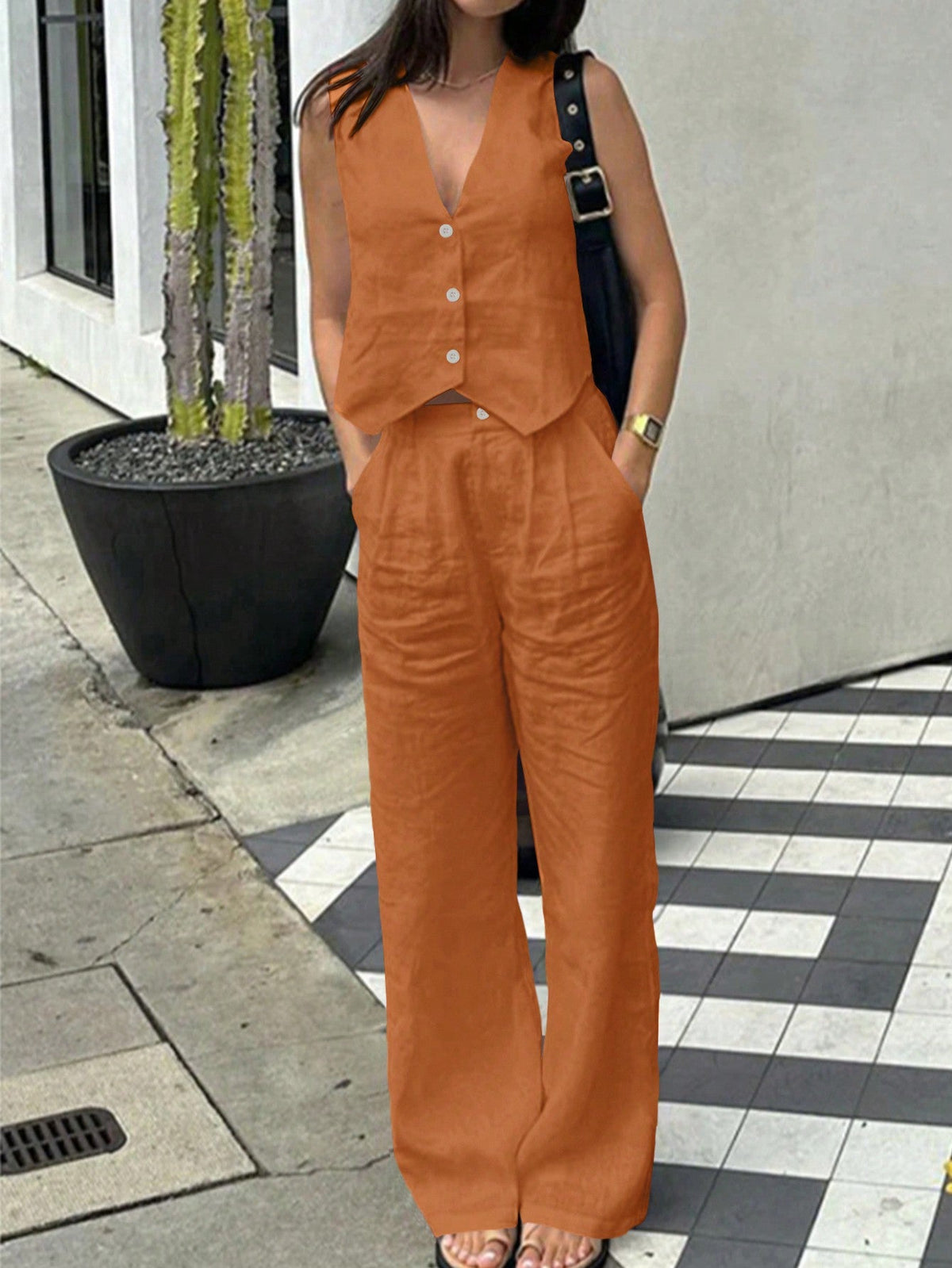 Set Due Pezzi Estivi Casual Da Donna Con Canotta Tinta Unita E Pantaloni Lunghi