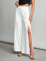 Pantaloni alla moda a vita alta a gamba larga e fruibile laterale di colore unito per donne