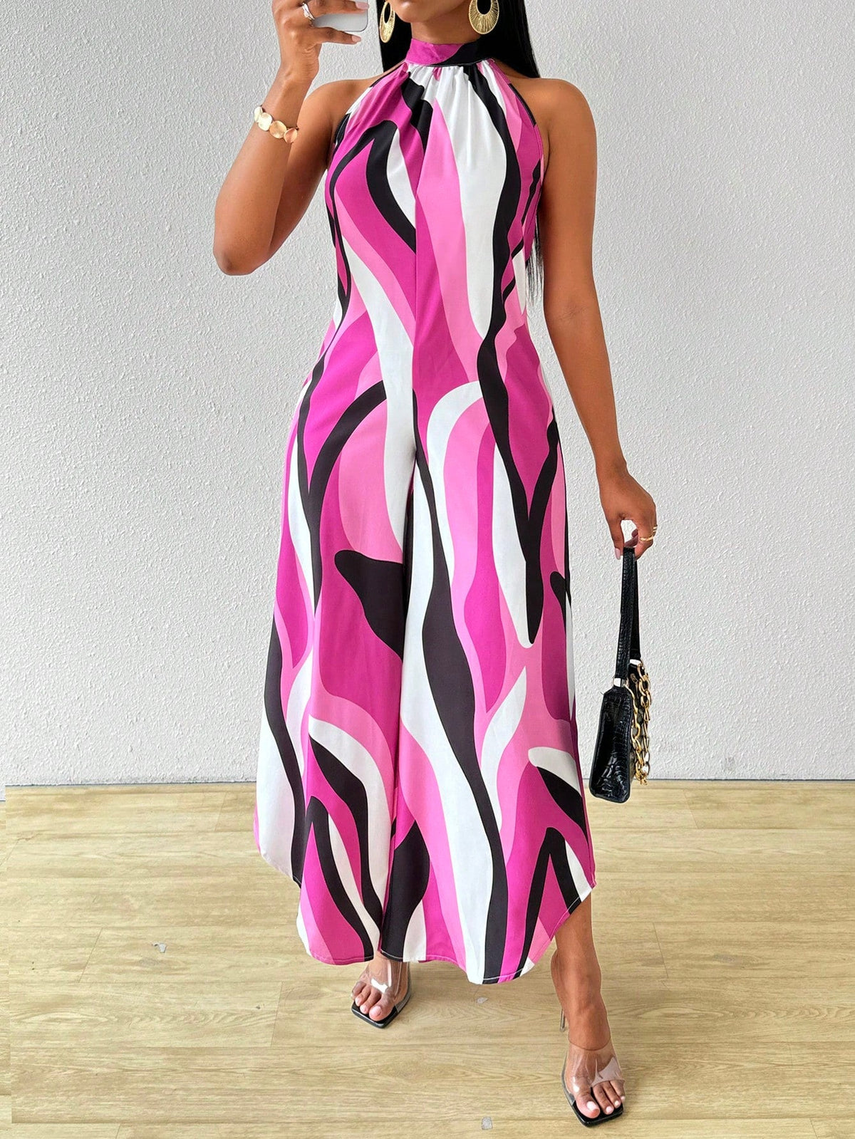 Jumpsuit gamba larga color block con collo halter