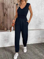 Tuta senza maniche casual solida da donna per vacanze estive con cintura a coulisse in vita