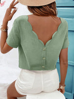 Blusa da donna con bordo a guscio e scollatura posteriore scoperta, top in lino e cotone per l'estate