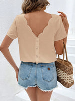 Blusa da donna con bordo a guscio e scollatura posteriore scoperta, top in lino e cotone per l'estate