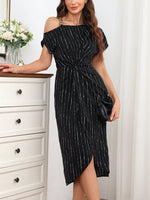 Vestito Donna Con Stampa A Spina Di Pesce, Collo Asimmetrico Con Twist E Avvolgimento