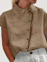 Camicia da donna a manica corta con colletto alla mandarina e bottoni diagonali per l"estate