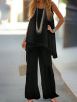 Set 2 pezzi semplice da donna con top senza maniche di colore unito e pantaloni lunghi