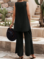 Set 2 pezzi semplice da donna con top senza maniche di colore unito e pantaloni lunghi