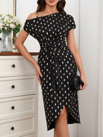 Vestito Donna Con Stampa A Spina Di Pesce, Collo Asimmetrico Con Twist E Avvolgimento