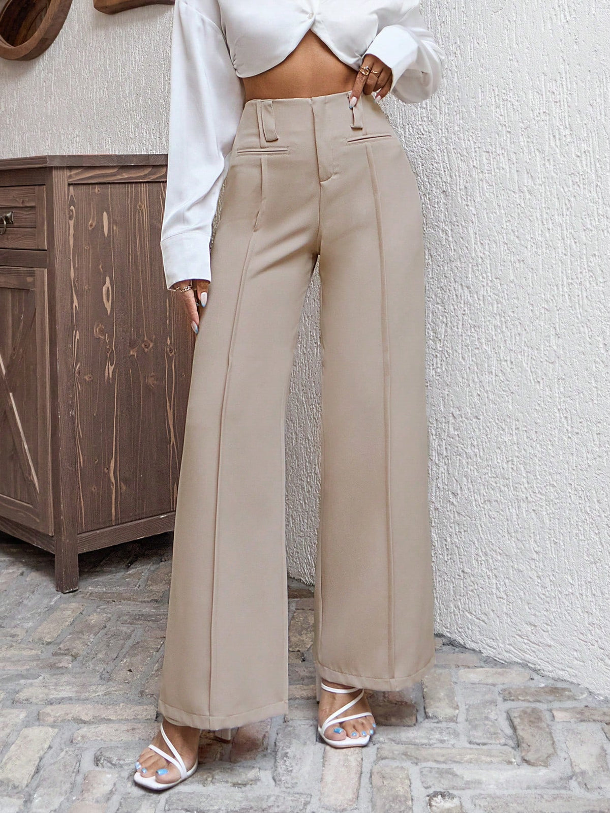 Pantaloni a gamba larga intrecciati con tasche simulati anteriore