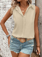 Camicia senza maniche con bottoni frontali, perfetta per vacanze e tempo libero, colore tinta unita