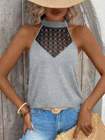 Top corta estivo a collo alto con spalline incrociate e pizzo a prezzo casual per le donne