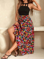 Abito estivo senza maniche con collo rotondo, stampa grafica e fori decorativi