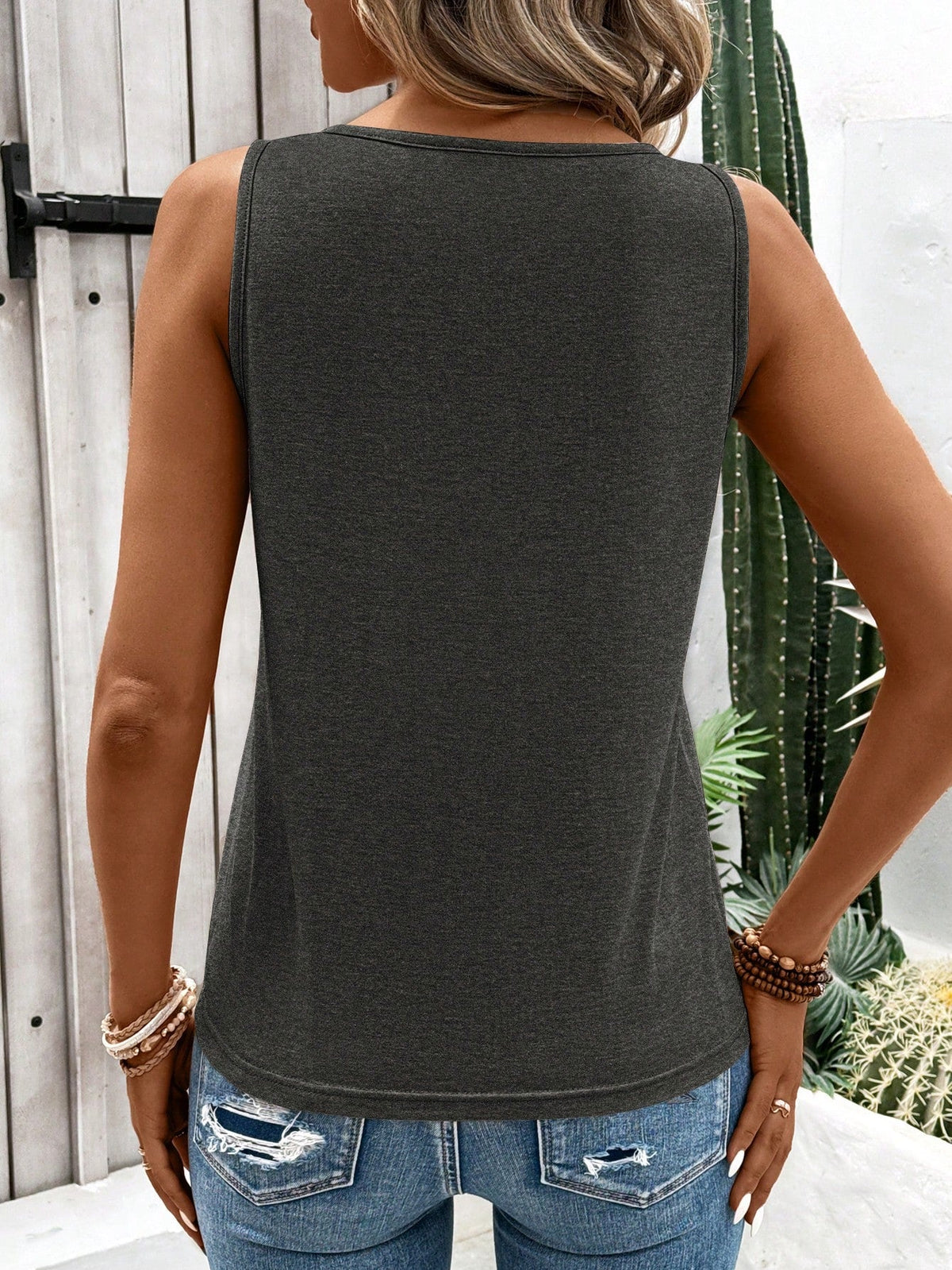 Canotta donna casuale primavera/estate a tinta unita con scollo a chiave
