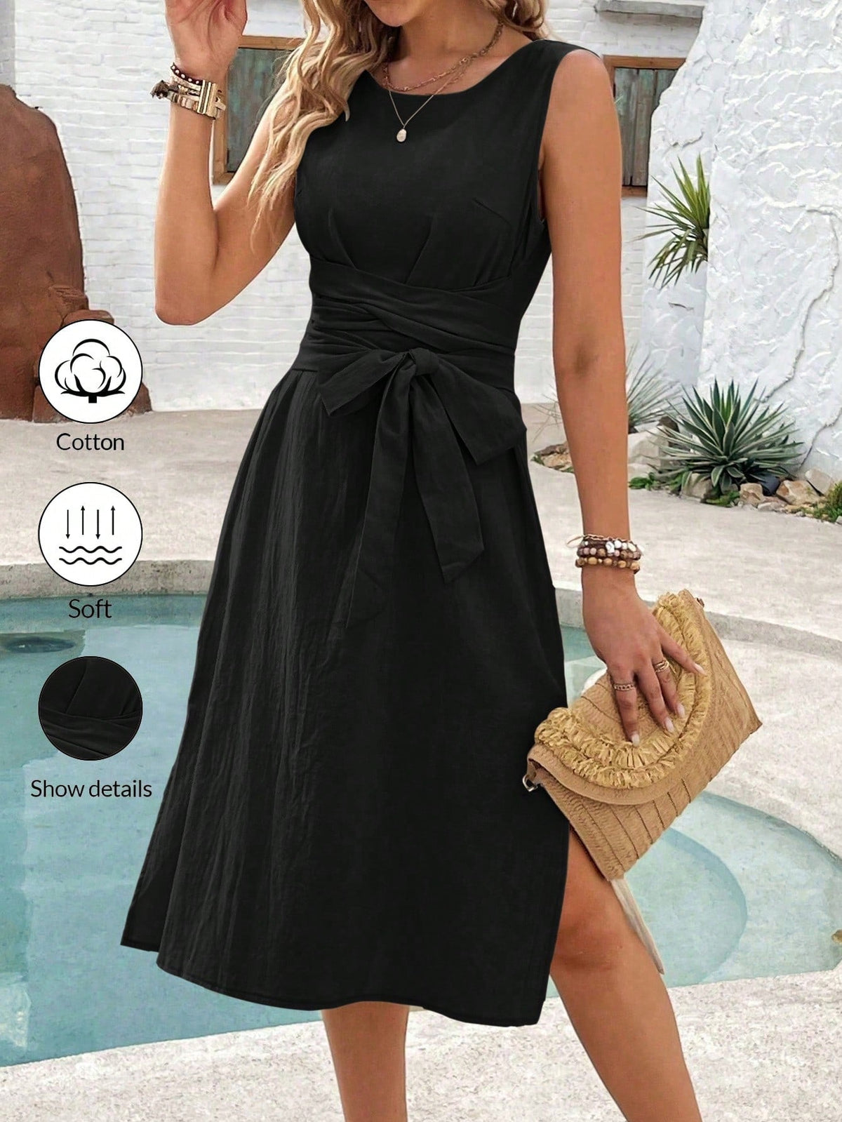 Abito a trapezio senza maniche, semplice e cinturato per signore