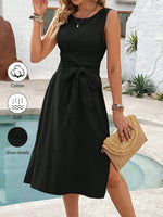 Abito a trapezio senza maniche, semplice e cinturato per signore