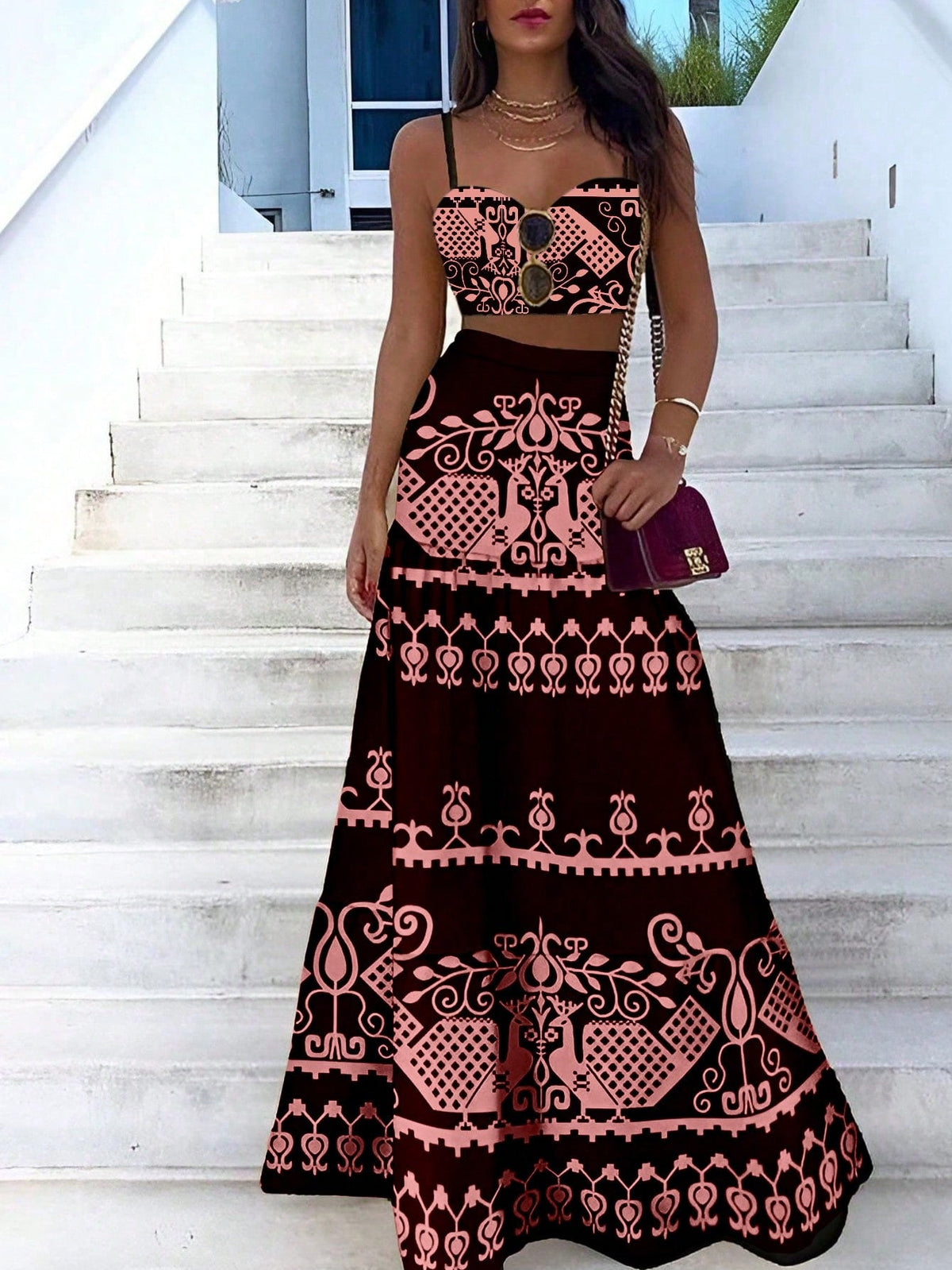 Set di due pezzi con abito a spaghetti con stampa vintage per le vacanze estive