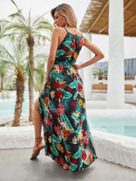 Abito con cintura e fessura e stampa tropicale