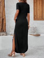 Abito A Due Pezzi Solido Con Scollo A V, Maniche Corte E Gonna Con Spacco Per Donne