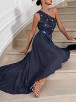 Vestito Aderente Con Spalla Obliqua Da Donna, Abbellimento Con Paillettes A Patchwork Asimmetrico Ed Orlo Sbieco