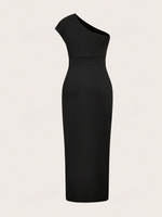 Abito Moda Donna A Spalla Singola, Slim Fit, Tinta Unita