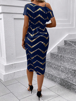 Vestito Donna Con Stampa A Spina Di Pesce, Collo Asimmetrico Con Twist E Avvolgimento