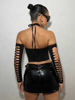 Top Nero Con Spalle Scoperte E Maniche In Pizzo Bruciato Con Scollo All'americana Incrociato