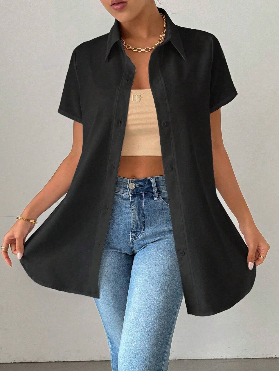 Camicia elegante da donna, a tinta unita, alla moda, con vestibilitˆ ampia e orlo diviso