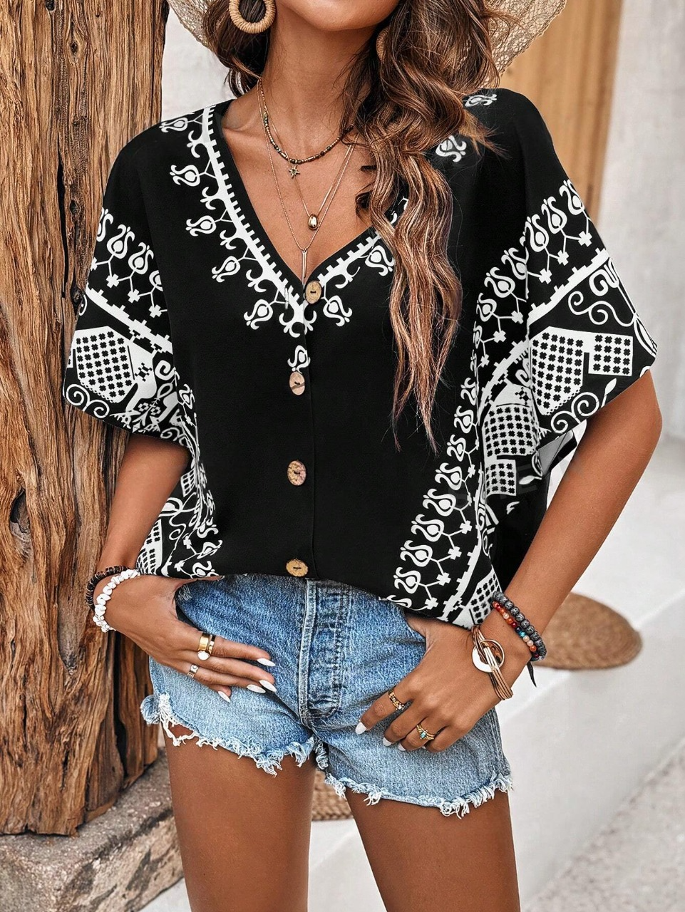 Camicia Da Donna A Manica Batwing Con Stampa, Scollo A V Profondo