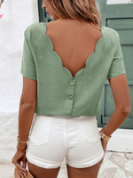 Blusa da donna con bordo a guscio e scollatura posteriore scoperta, top in lino e cotone per l'estate