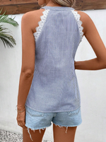 Blusa senza maniche a righe, con collo a halter di pizzo e taglio per le vacanze