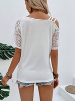 Maglietta casuale estiva in manica corta con scollo asimmetrico in laccetti a contrasto a stampa leopardata cuore per donne