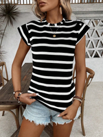 Maglietta casual estiva da donna a righe stampate con girocollo e maniche corte