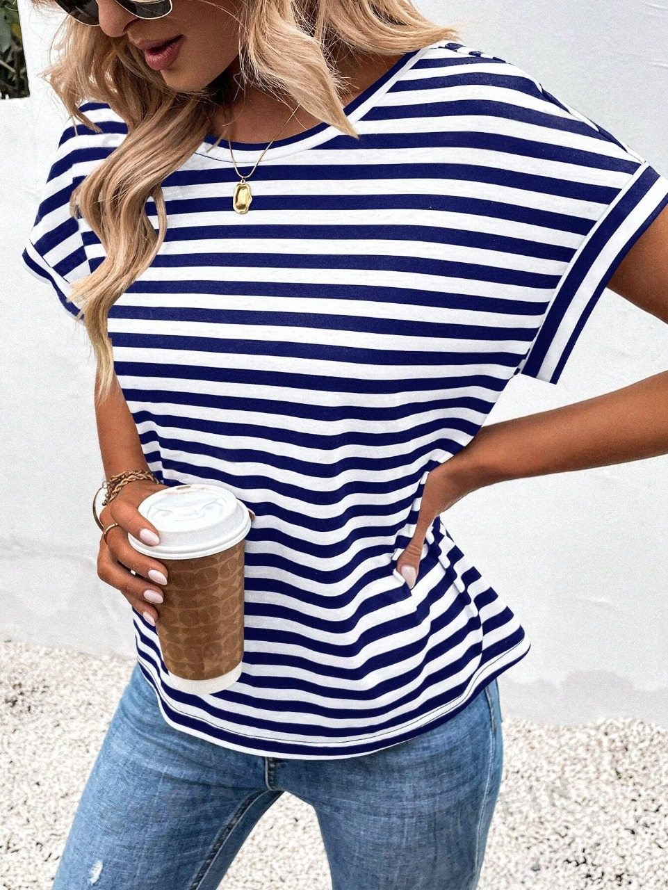 Maglietta casual a righe stampate per donne, primavera e estate