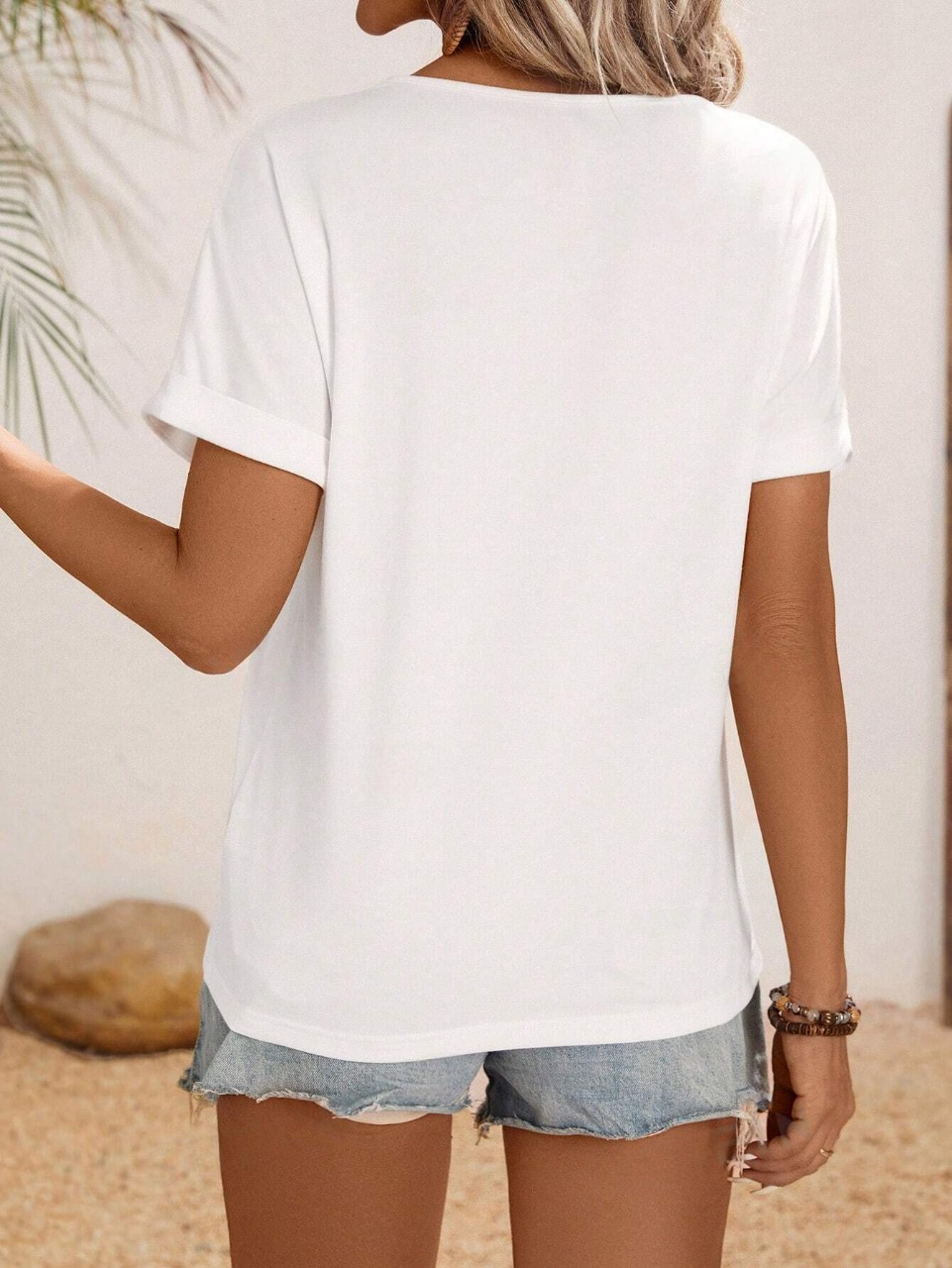 Maglietta casual estiva da donna collo a V a maniche corte in tinta unita