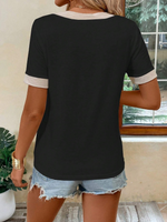 Maglietta casual estiva da donna con maniche corte e scollo a V a contrasto di colore