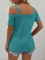 Maglietta casual estiva con spalle scoperte, maniche corte e colore solido per donne