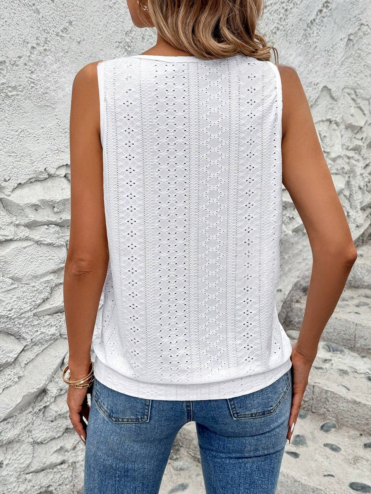 Canotta senza maniche con ricamo floreale bruciato e scollo a chiave per donne, estate