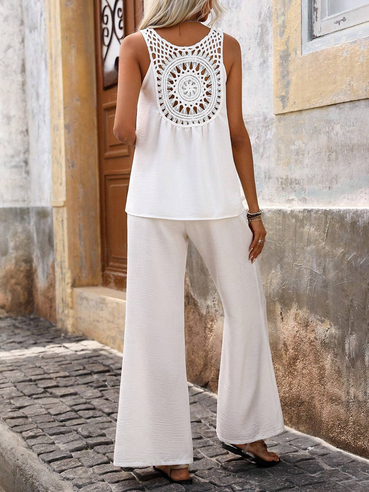 canotta allentata monocolore semplice hollow-out & Pantaloni casuali a vita larga