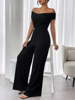 Tuta Elegante Casual A Gamba Ampia Con Pieghe A Spalle Scoperte E In Colore Tinta Unita