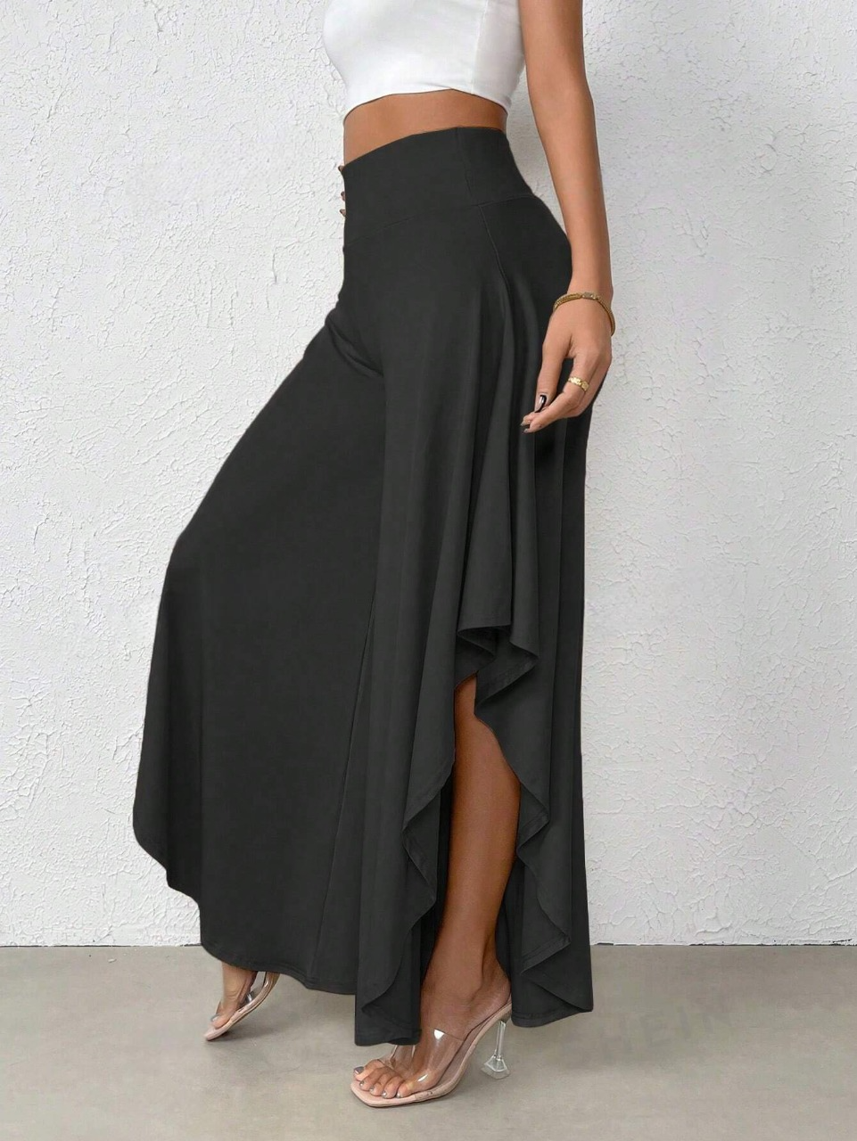 Pantaloni a gamba larga vita alta orlo asimmetrico