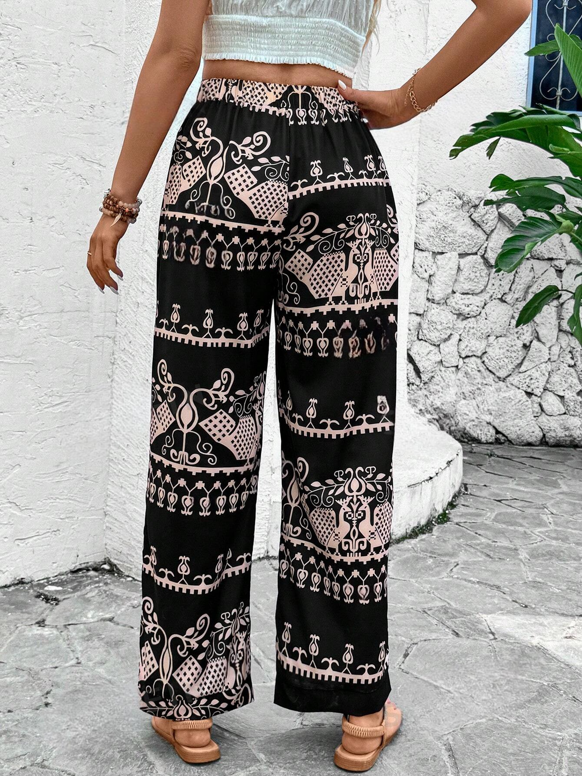 Pantaloni lunghi in stile bohemien con stampa integrale