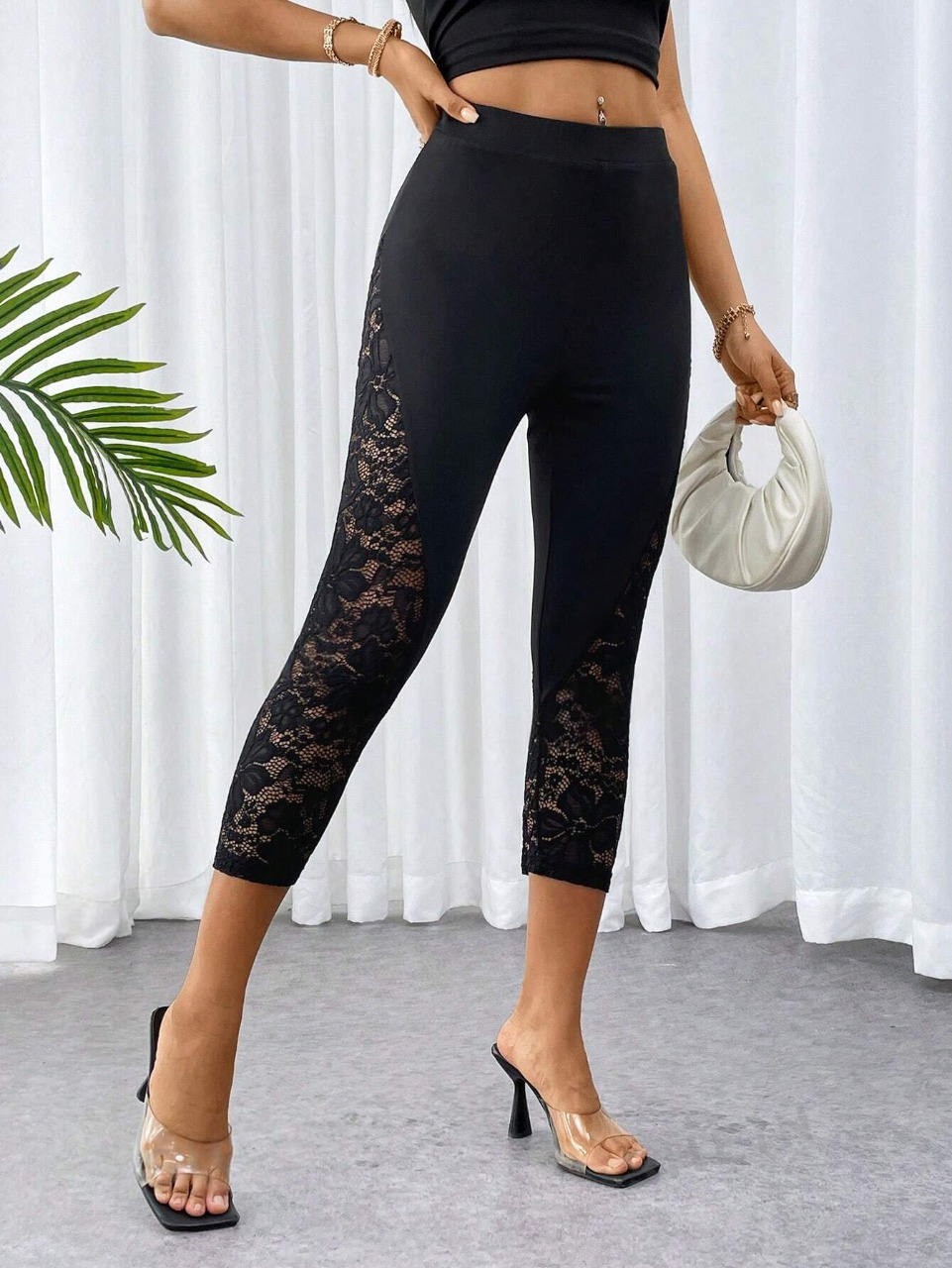 Leggings neri sexy ed eleganti in pizzo, lunghezza 3/4 a vita alta e aderenti, pantaloni sportivi a vita alta e sollevamento dei glutei per donne