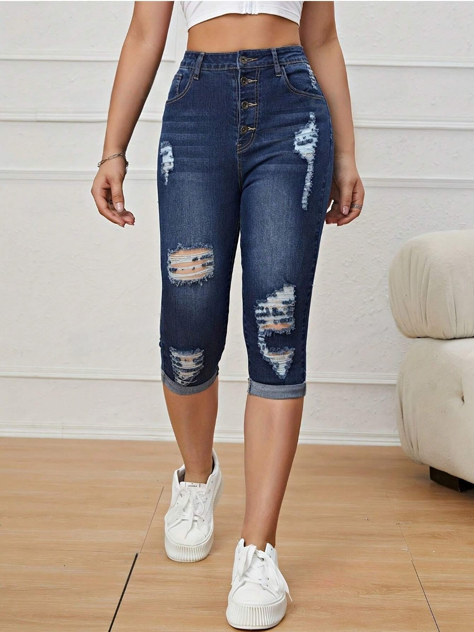 Jeans Slim Fit In Denim Per Donna Con Effetto Logoro