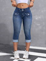 Pantaloni in denim casual a sette punte con orlo ripiegato e tasche, da donna